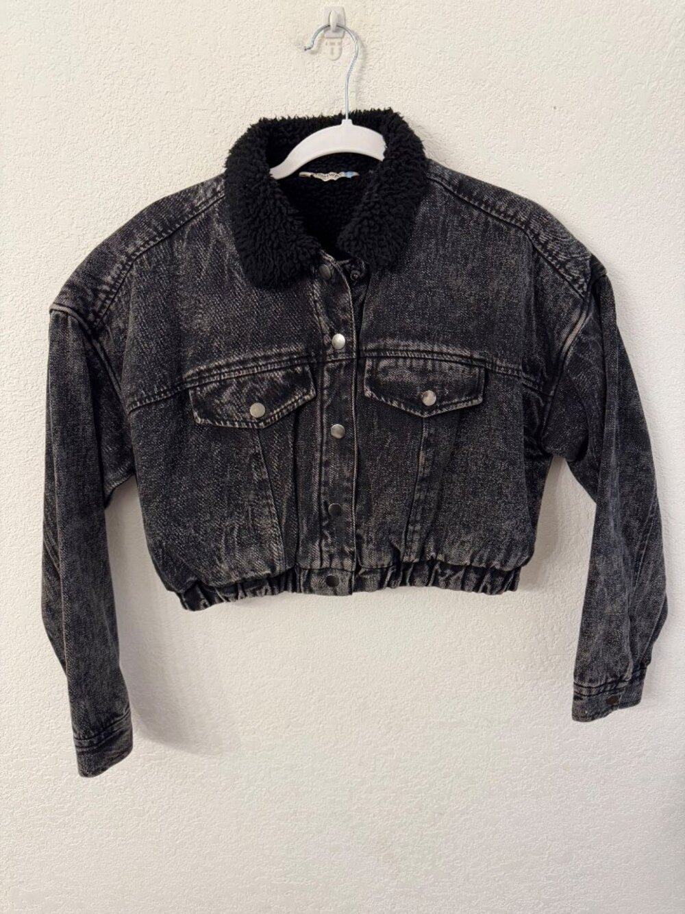 Highway Jeans Black Washed Denim Sherpa-Lined Cropped Jacket With Snap Buttons s